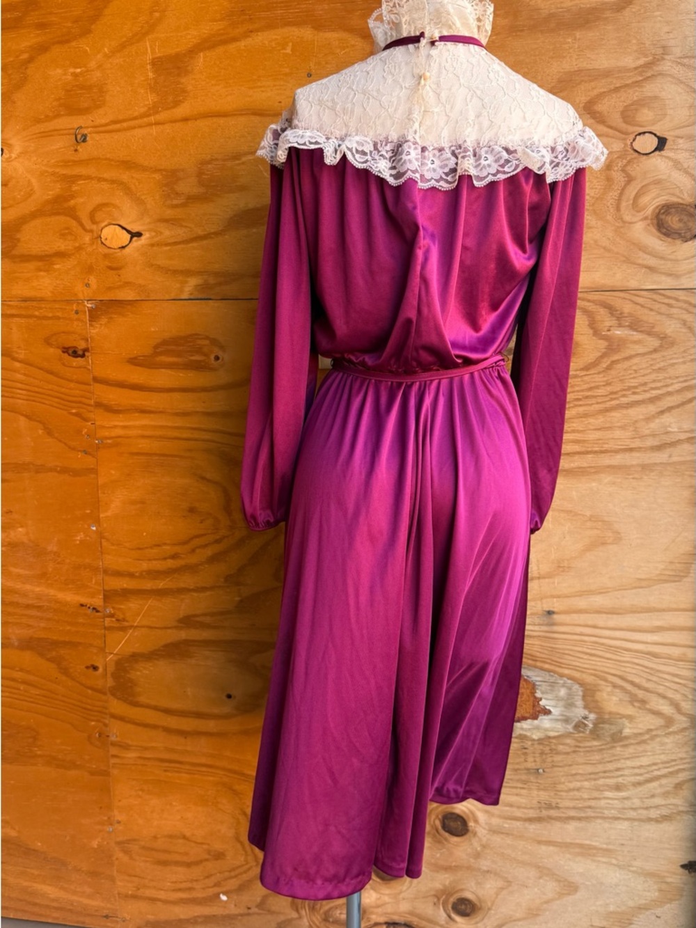 Vtg Wine Lace Collar Midi Dress Fit-Flared Long Sleeve ILGWU Unionmade Dre - Picture 8 of 12